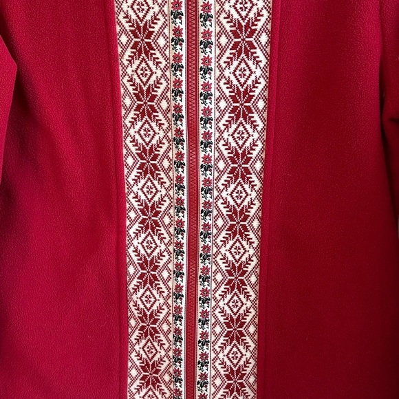 L.L.Bean Red & White Festive Winter Pattern Trim Fleece Cozy Holiday Jacket Sz M - Picture 2 of 11